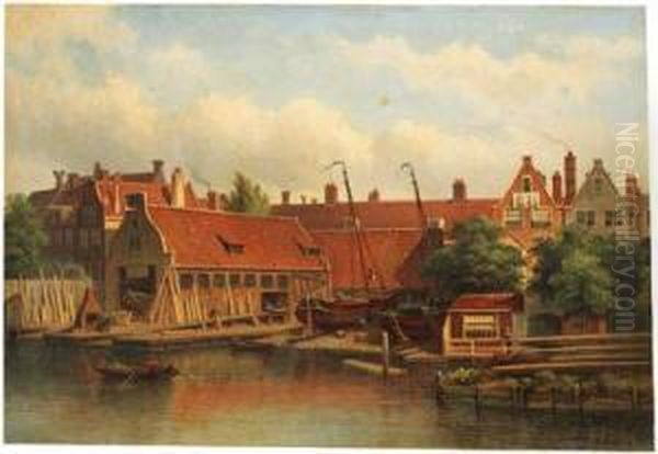 View Of A Shipyard At The Lijnbaansgracht, Amsterdam Oil Painting by Eduard Alexander Hilverdink