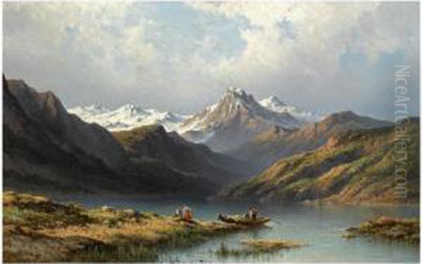 Fishermen At Lake Annecy Oil Painting by Johannes Hilverdink