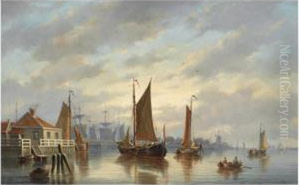 A Dutch Harbour At Sunset Oil Painting by Johannes Hilverdink