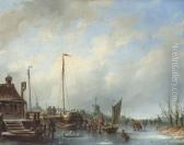 Activities On The Ice In A Dutch Town Oil Painting by Johannes Hilverdink