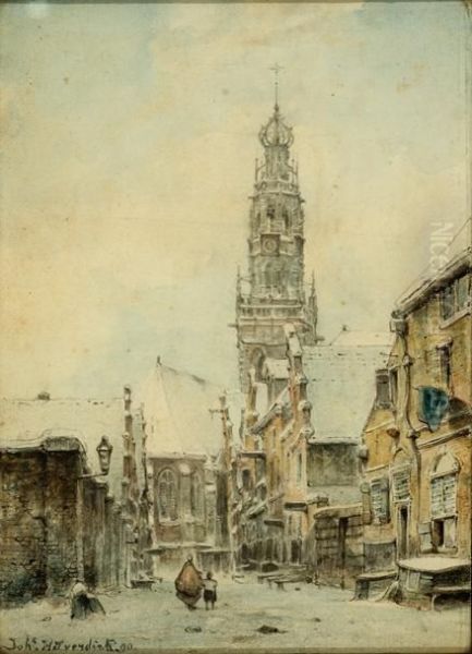 Mother And Child Walking In The Direction Of The Bakenesser Tower In Haarlem Oil Painting by Johannes Hilverdink