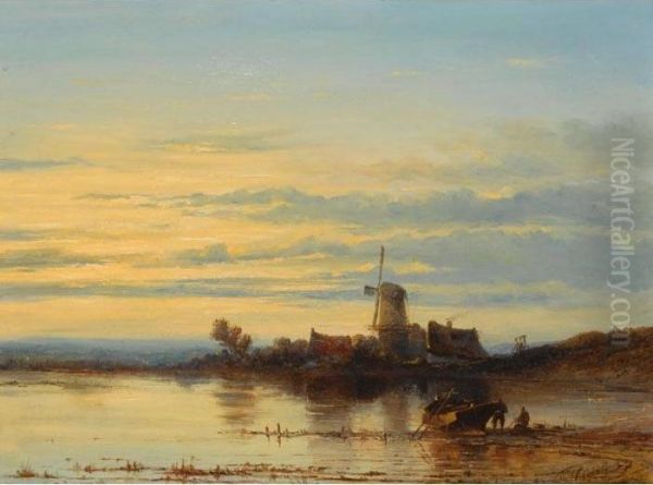 Fishermen At Work, A Windmill In The Distance Oil Painting by Johannes Hilverdink