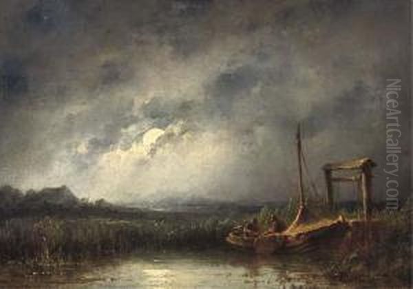 Fishing By Moonlight Oil Painting by Johannes Hilverdink