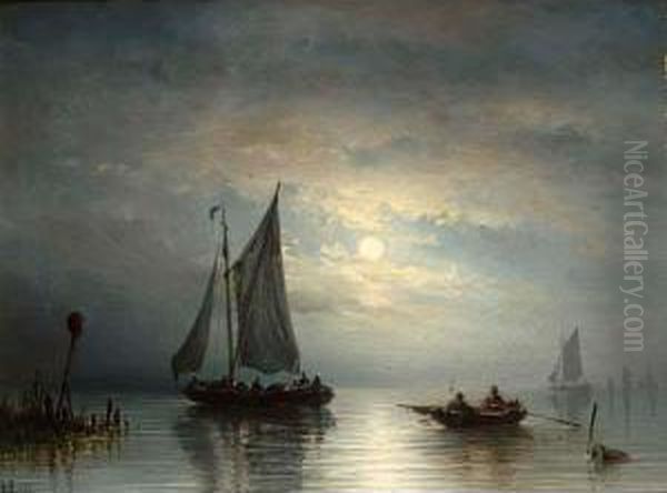 A Moonlit Coastal Landscape With Boats Oil Painting by Johannes Hilverdink