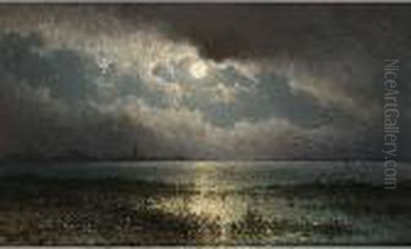 Het Ij Bij Zeeburg,maanlicht Oil Painting by Johannes Hilverdink