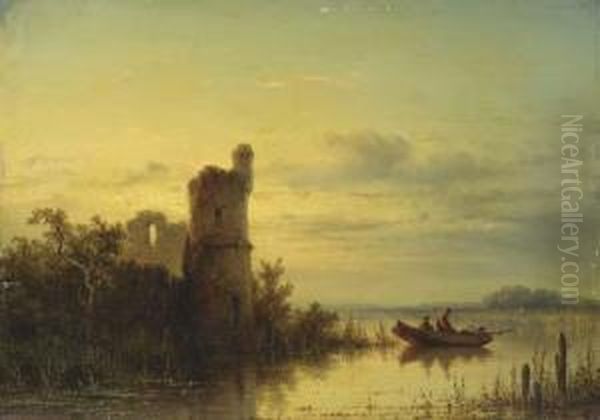 A Fishing Boat Near The Ruins Of A Castle At Dusk Oil Painting by Johannes Hilverdink