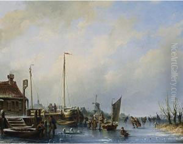 A Harbour In Winter With Figures On The Ice Oil Painting by Johannes Hilverdink