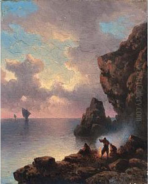 Fishermen Near The Seaside In An Evening Landscape Oil Painting by Johannes Hilverdink