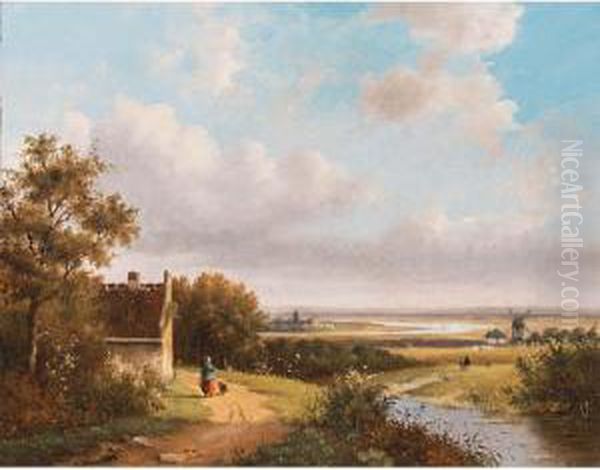 A Peasant Woman On A Road In An Extensive Landscape Oil Painting by Johannes Hilverdink