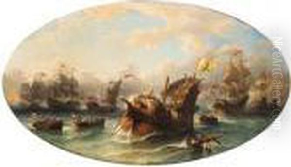 A Seventeenth-century Naval Battle Oil Painting by Johannes Hilverdink