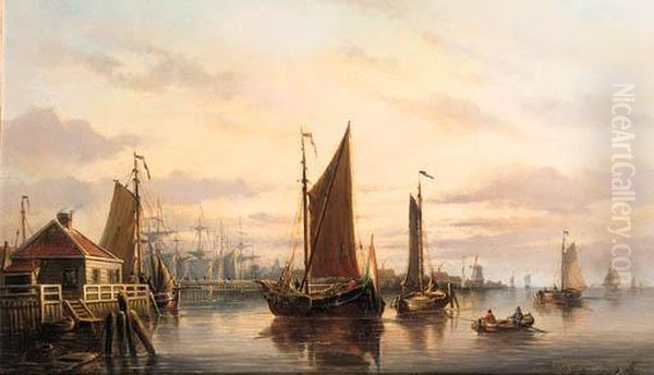 A View Of The Ij, Amsterdam, With Various Shipping Near Hetslagthuys Oil Painting by Johannes Hilverdink