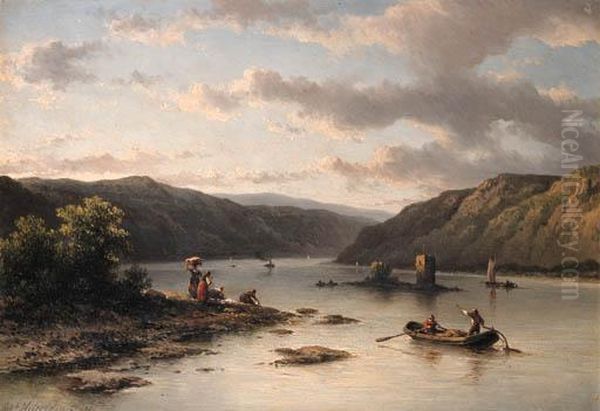 A Rhenish River Landscape With Fishermen In A Boat And Washerwomenon A Bank Oil Painting by Johannes Hilverdink