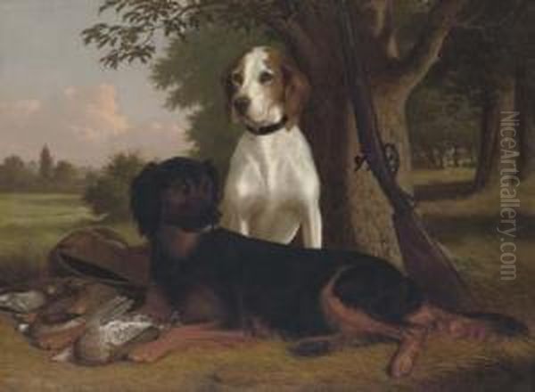 The End Of The Day: A Pointer And Setter With Game And A Shotgun At The Edge Of A Wood Oil Painting by Thomas Hewes Hinckley