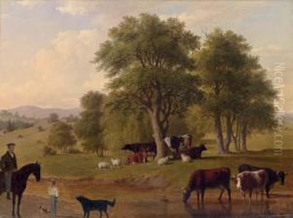 Cows Watering Oil Painting by Thomas Hewes Hinckley