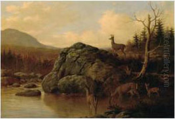 Deer In The Adirondacks Oil Painting by Thomas Hewes Hinckley