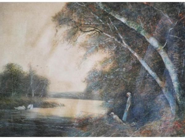 River Scene With Figures On The Bank Oil Painting by Fred Hines