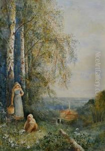 A 
Landscape With Children Picking Flowers Oil Painting by Fred Hines