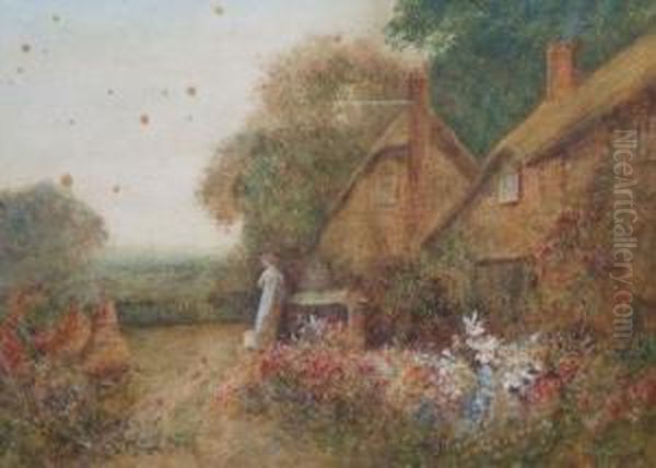 Late Spring, Thatched Cottage Garden In Full Bloom With Figure by Fred Hines