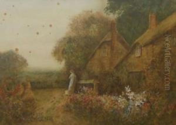 Figure By A Thatched Cottage In Summer Oil Painting by Fred Hines