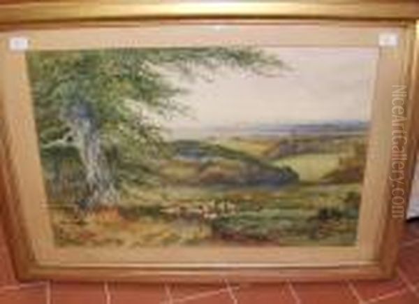 Sheep In An Extensive Landscape Oil Painting by Fred Hines