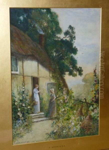 Figures Outside A Country Cottage Oil Painting by Fred Hines