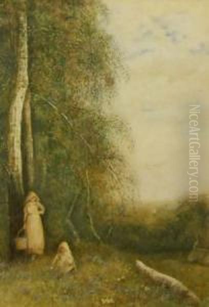 Mother And Child Gathering Bluebells At The Edge Of A Wood Oil Painting by Fred Hines