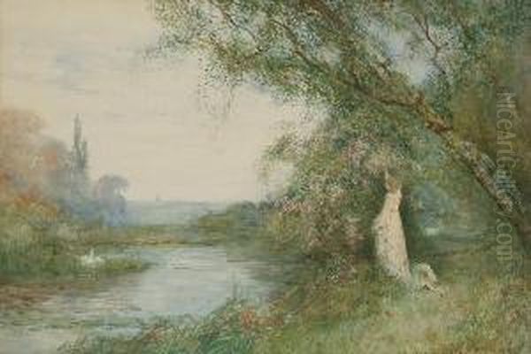 A Young Woman Gathering Fruit By A River Oil Painting by Fred Hines