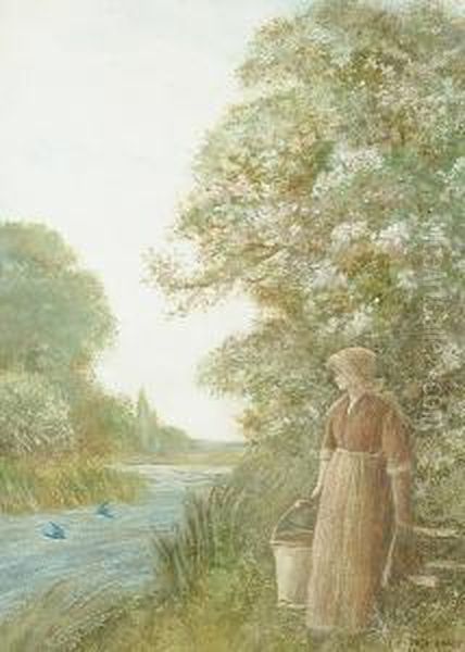 A Milkmaid By A River Oil Painting by Fred Hines