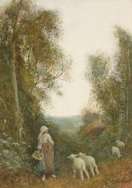 Lambs On A Rural Path Oil Painting by Fred Hines