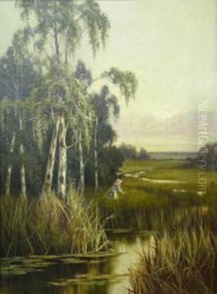 A Lady In A Marsh Oil Painting by Theodore Hines