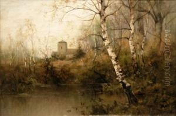 View Through A Birch Wood Towards A Church Oil Painting by Theodore Hines