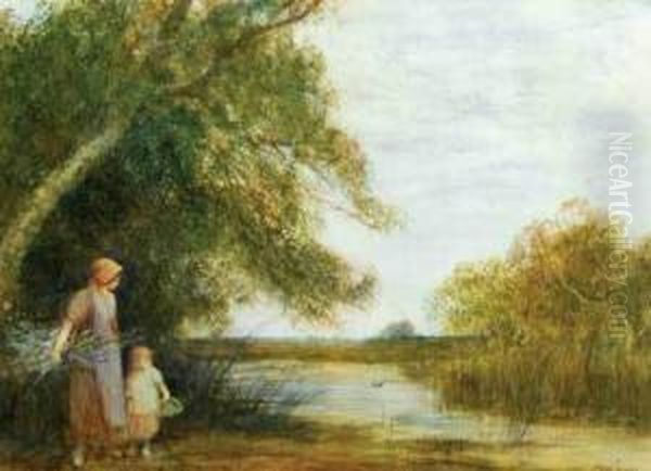 Mother And Child Gathering Wood By A River Oil Painting by Theodore Hines