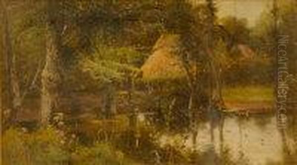 Wooded River Scene With Thatched Buildings Beyond Oil Painting by Theodore Hines