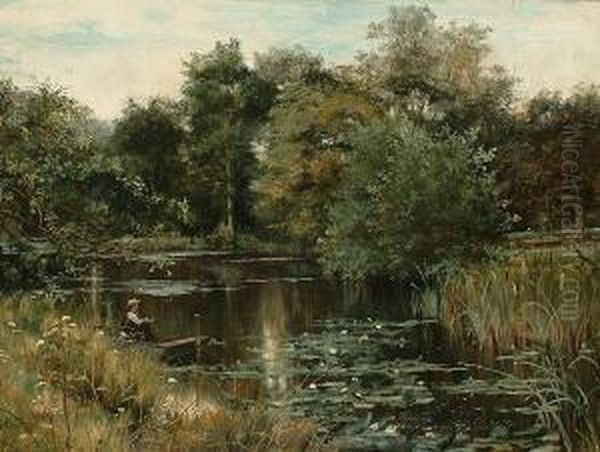 A Boy Fishing From A Punt Oil Painting by Theodore Hines