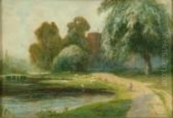 Sheep Grazing At A Lakeside Oil Painting by Theodore Hines