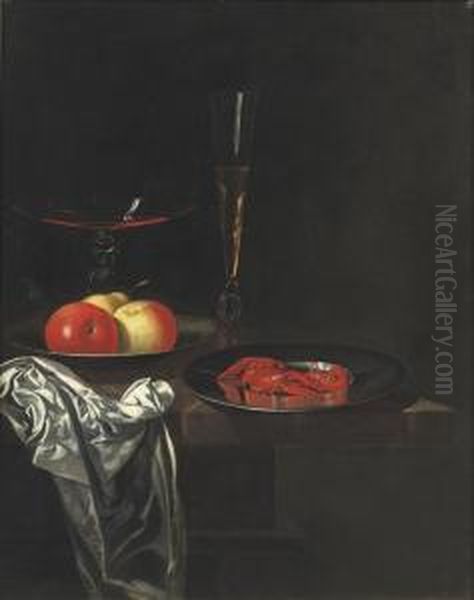 Two Venetian Glasses, Apples On A
 Pewter Plate And A Silver Dishwith Crayfish On A Marble Table Top Oil Painting by Johann Georg (also Hintz, Hainz, Heintz) Hinz