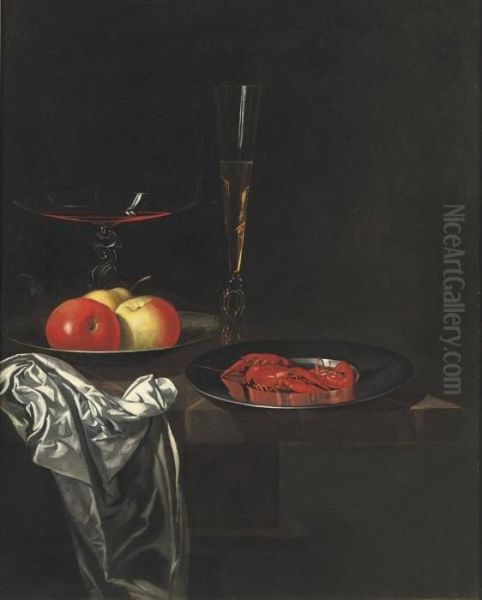 Two Venetian Glasses, Apples On A
 Pewter Plate And A Silver Dishwith Crayfish On A Marble Top Table Oil Painting by Johann Georg (also Hintz, Hainz, Heintz) Hinz