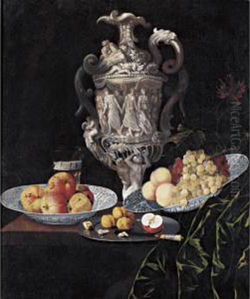 Still Life With An Elaborately 
Sculpted Urn And Blue And White Porcelain Bowls With Fruit Oil Painting by Johann Georg (also Hintz, Hainz, Heintz) Hinz