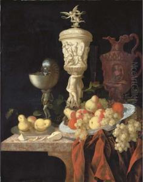 A Nautilus Cup, A Sculpted 
Marble Urn, A Sculpted Porphyry Jug Andother Vessels With Oranges Oil Painting by Johann Georg (also Hintz, Hainz, Heintz) Hinz