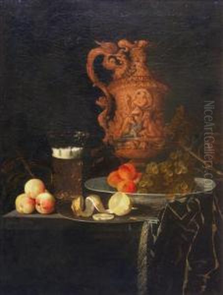 Stilllife Of Fruit, Pottery Oil Painting by Johann Georg (also Hintz, Hainz, Heintz) Hinz