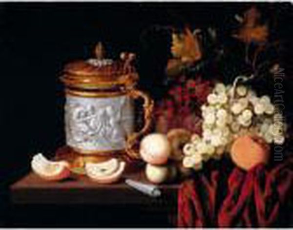 Still Life With An Ornate 
Tankard, Together With Grapes, Oranges And Apricots, A Knife On A Wooden
 Table Draped With A Red Cloth Oil Painting by Johann Georg (also Hintz, Hainz, Heintz) Hinz