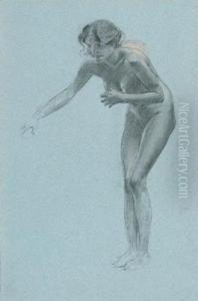 A Nude Study Of A Standing Woman With Outstretched Arms Oil Painting by Adolf Hiremy-Hirschl