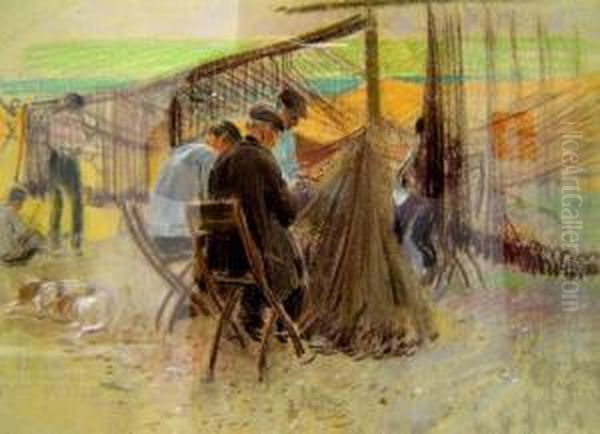 Pescatori Che Riparano Le Reti Oil Painting by Adolf Hiremy-Hirschl