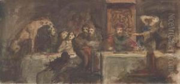 Une Scene De Banquet Avec Un Roi Et Un Felin Tenant Une Tete Danssa Gueule Oil Painting by Adolf Hiremy-Hirschl