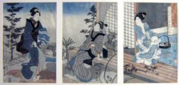 Utagawa , Three Kabuki Scenes, Woodblock Prints, 33cm X 73cm, Framed Oil Painting by Tokubei Iii Hiroshigeando