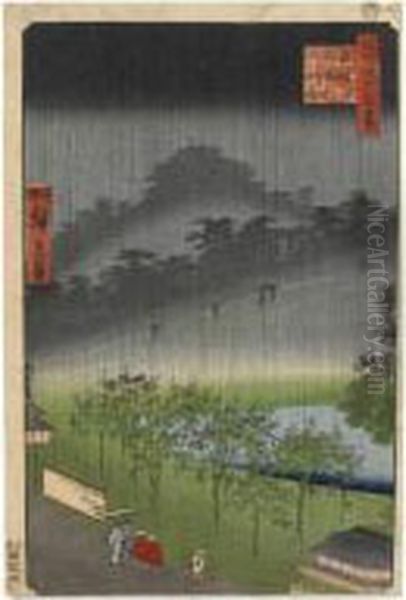 Akasaka Kiribatake, Uchu Yukei. 
Plantation Des Paulownias, Sous La Pluie Au Crepuscule A Akasaka Oil Painting by Chimpei Ii Hiroshigesuzuki