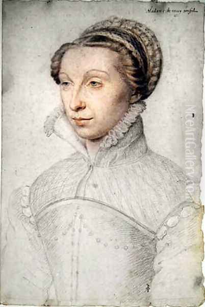 Uncertain portrait of a Lady called Madame de Mouy Siant-Phal, probabely Jeanne de Chantelou (c.1525-after 83), femme de Louis de Vaudrey, seigneur de Mouy et de Saint-Phal, c.1570 Oil Painting by (studio of) Clouet