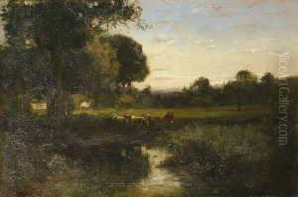 Im Dachauer Moos. Rinder Am 
Wasser. Signiert Unten Links: R. Hirth. Ol Auf Leinwand. H 41; B 61,5 
Cm. Oil Painting by Rudolf Hirth Du Frenes