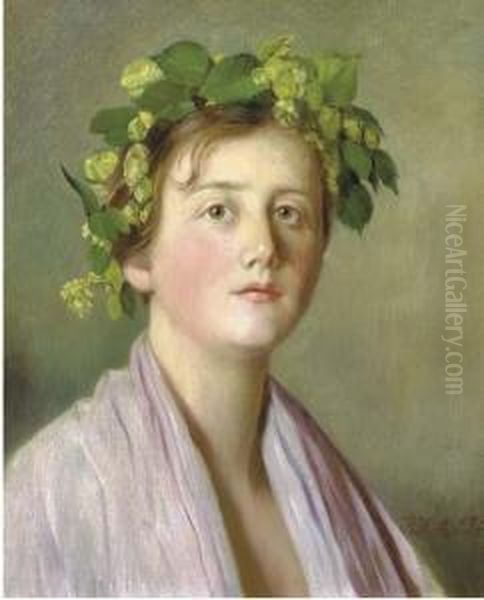 A Girl With Flowers In Her Hair Oil Painting by Rudolf Hirth Du Frenes