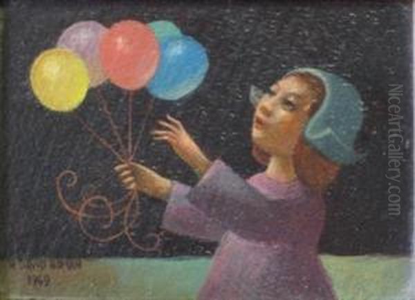 Girl With Balloons Oil Painting by David Howard Hitchcock